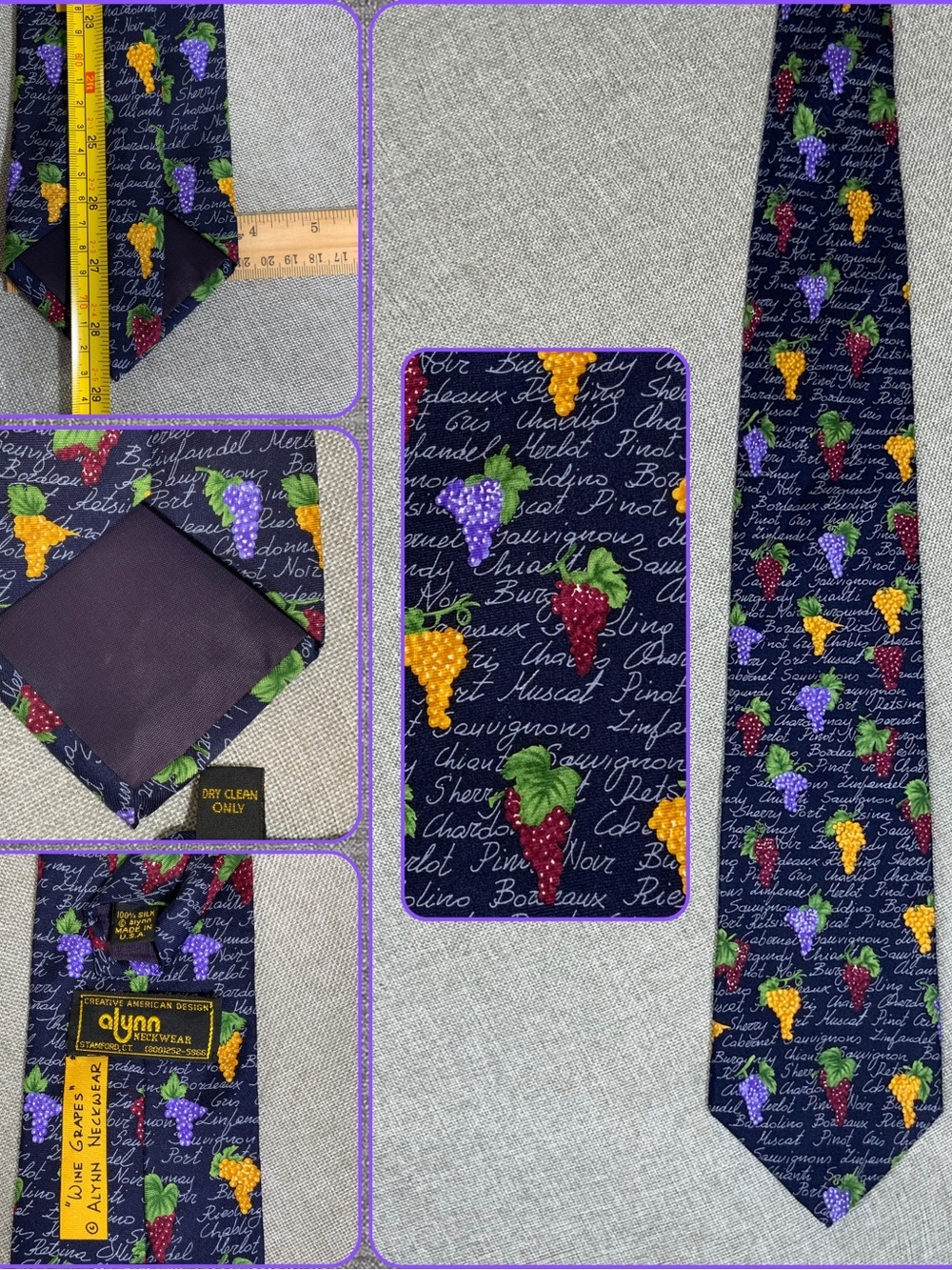 Alynn Neckwear Wine Grapes Silk Tie Navy